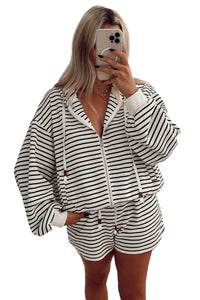 White Printed Striped Zip Up Hoodie and Shorts Set