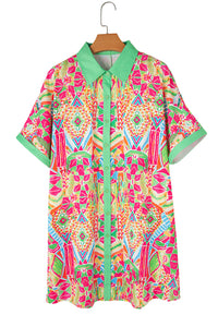 Orange Geometric Print Contrast Trim Short Sleeve Shirt Dress