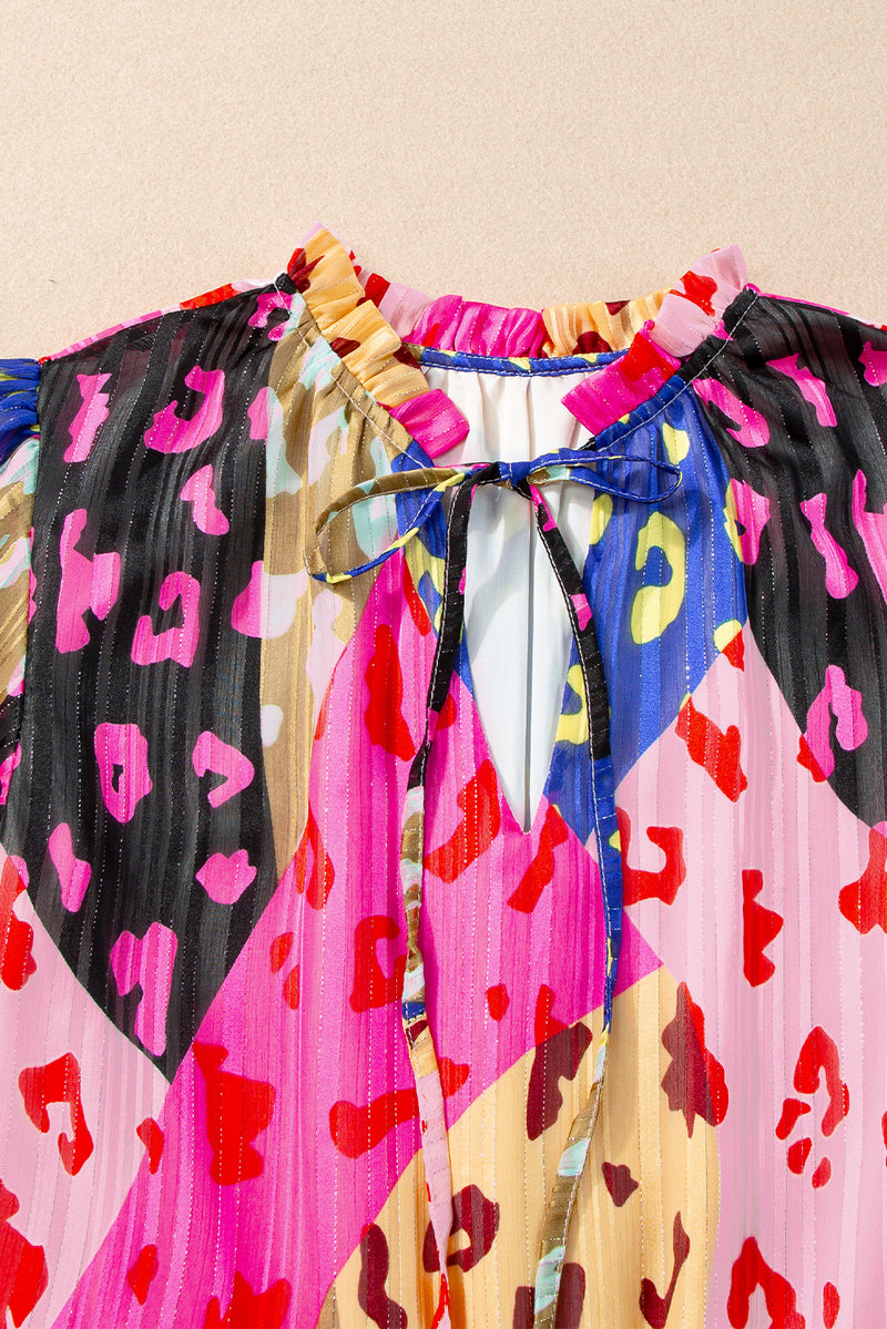 Rose Leopard Print Short Sleeve Tiered Ruffle Mini Dress