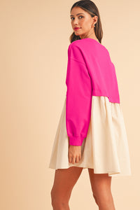 Khaki Sweatshirt Colorblock Flowy Pleated Mini Dress