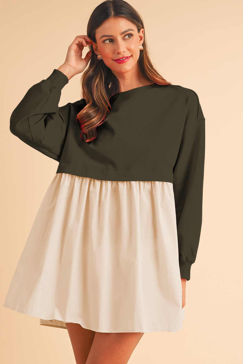 Khaki Sweatshirt Colorblock Flowy Pleated Mini Dress