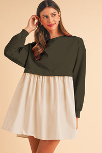 Khaki Sweatshirt Colorblock Flowy Pleated Mini Dress