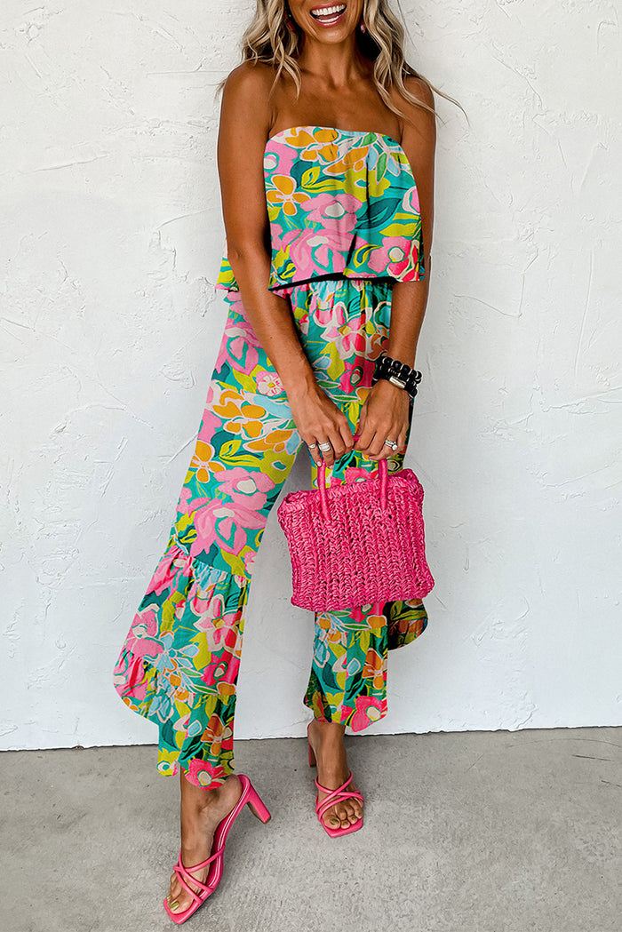 Green Mix Tropical Print Strapless Ruffled Jumpsuit