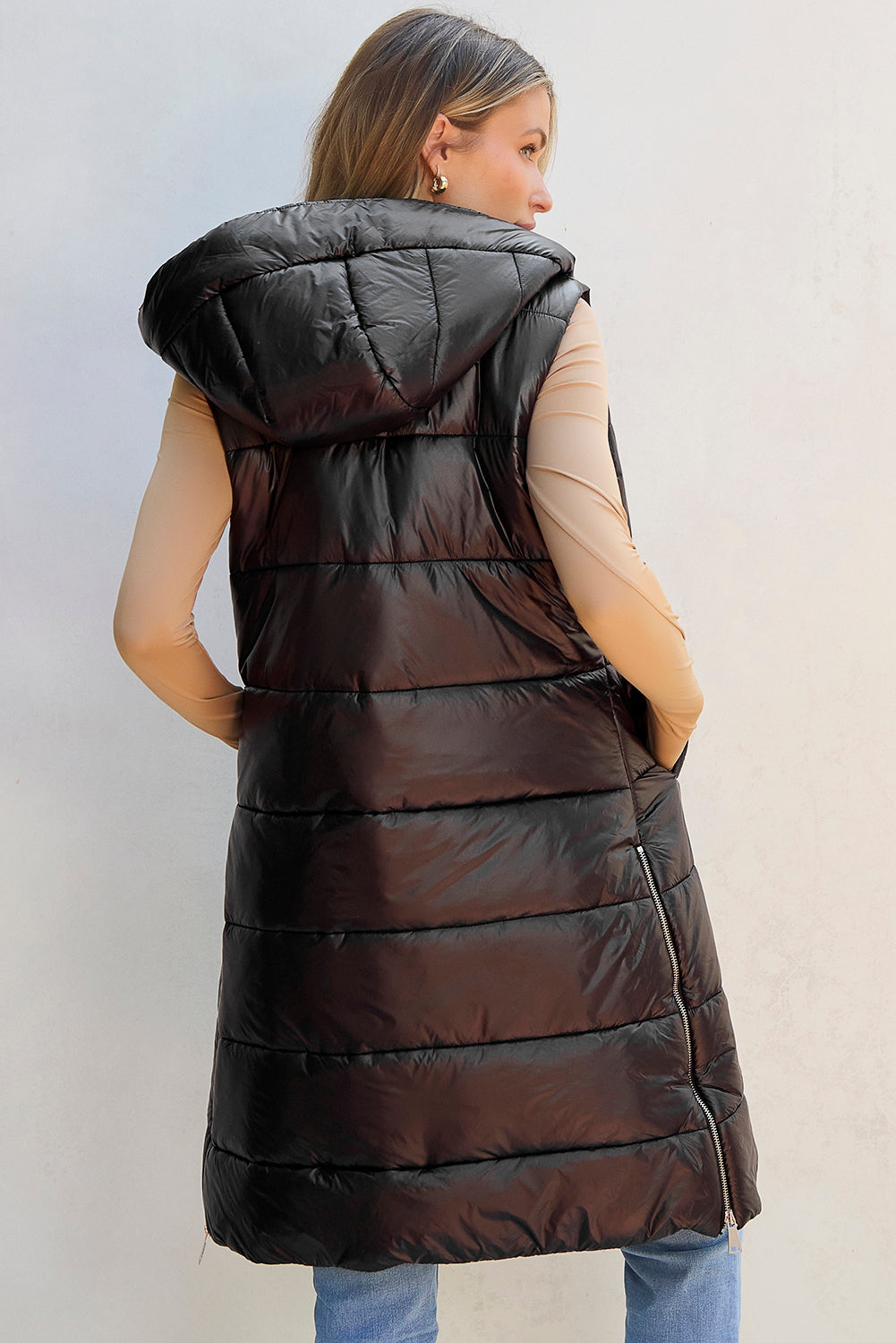 Black Hooded Long Quilted Vest Coat