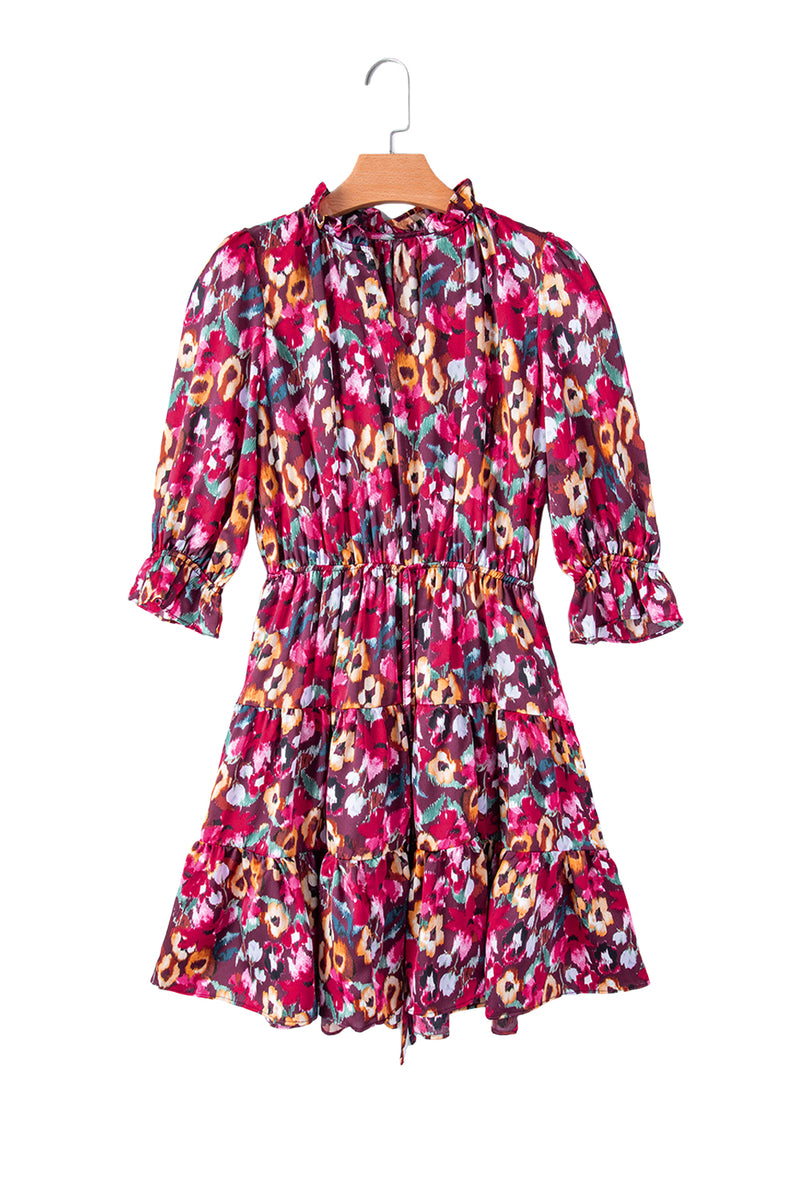 Rose Red Floral Print Tiered Ruffled Half Sleeve V Neck Dress