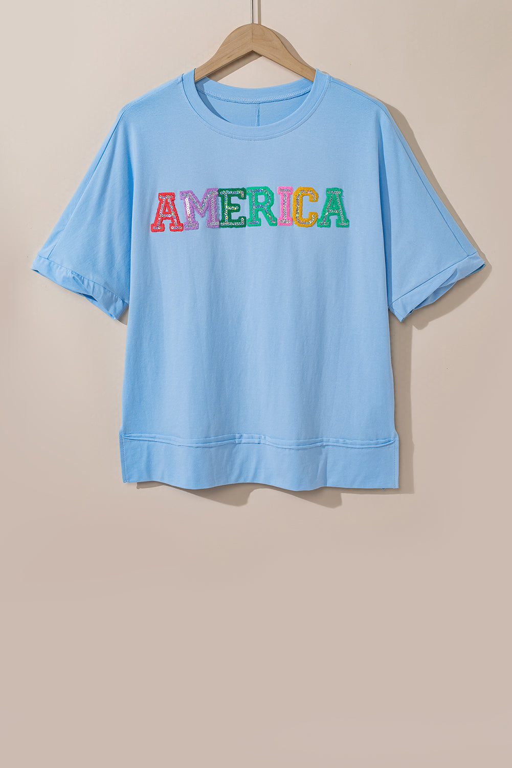 Mist Blue Sparkle America Pastel Embroidered Graphic T-shirt