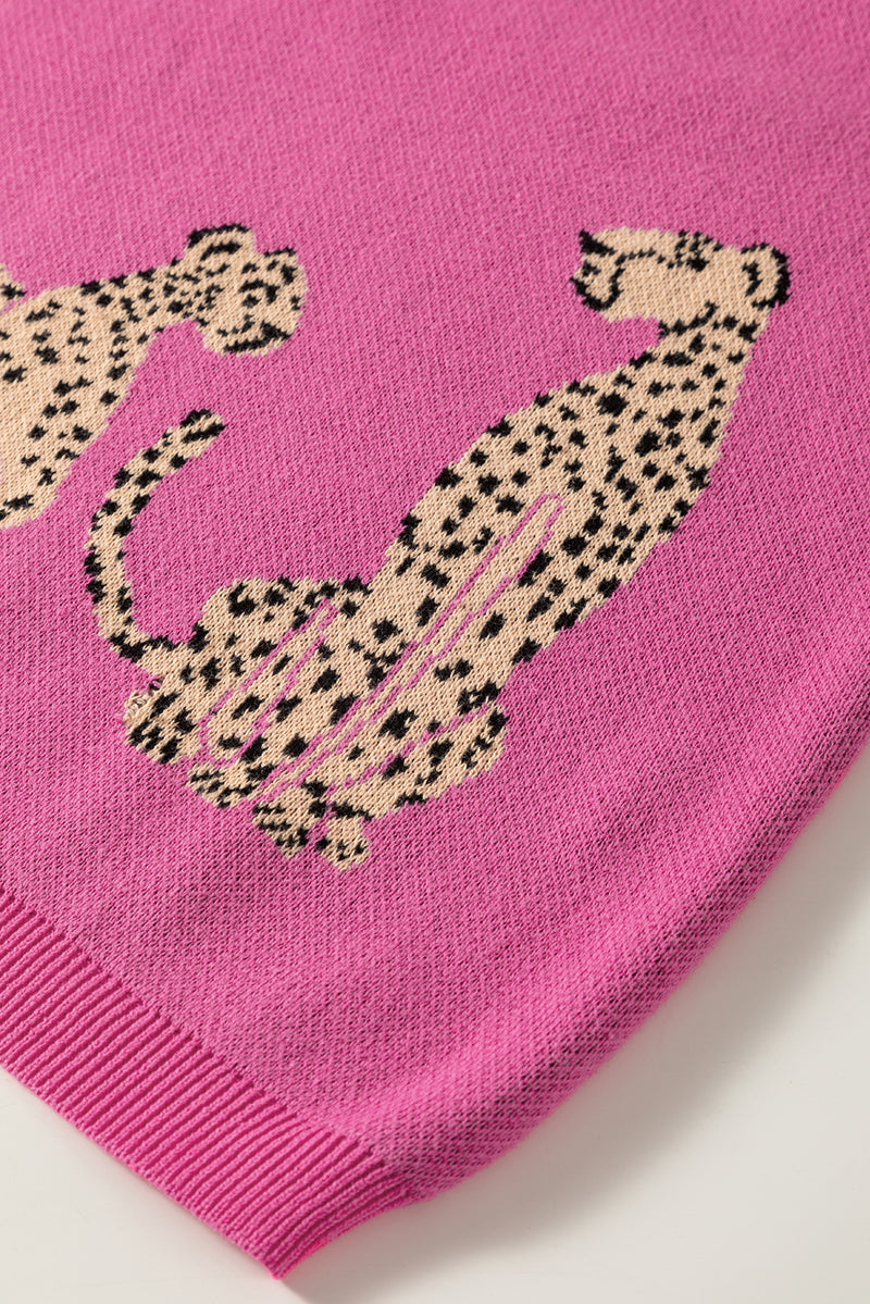 Pink Leopard Ruffled Sleeve Round Neck Knit Sweater