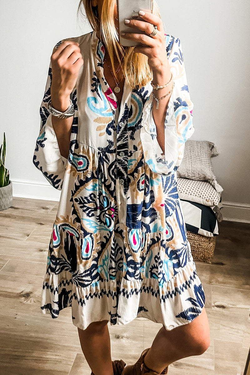 White Ethnic Print Boho Button Tiered Mini Dress