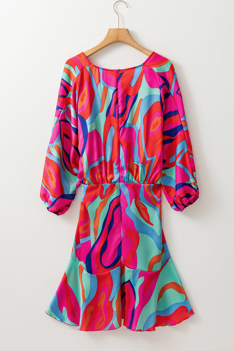 Multicolor Abstract Printed V Neck Dolman Sleeve Ruffle Wrap Dress