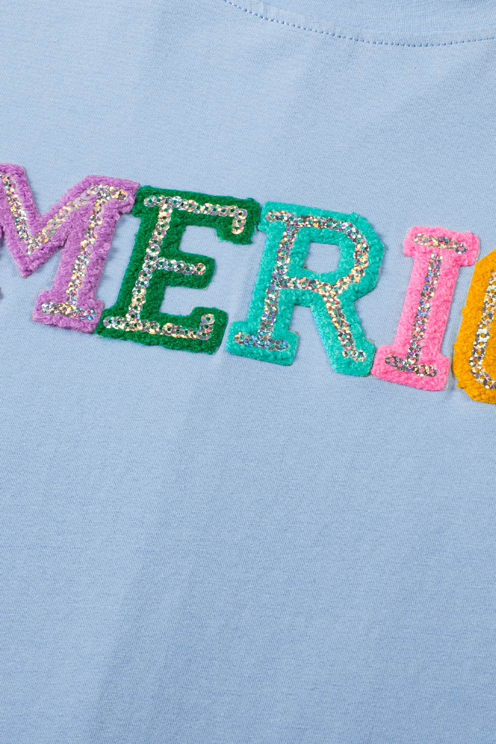 Mist Blue Sparkle America Pastel Embroidered Graphic T-shirt