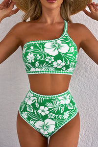 Green Floral Print One Shoulder High Waist Bikini Set