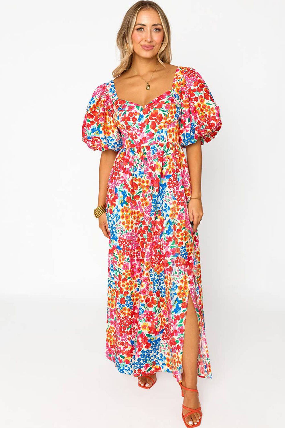 Rose Puff Sleeve Thigh High Split Floral Maxi Dress