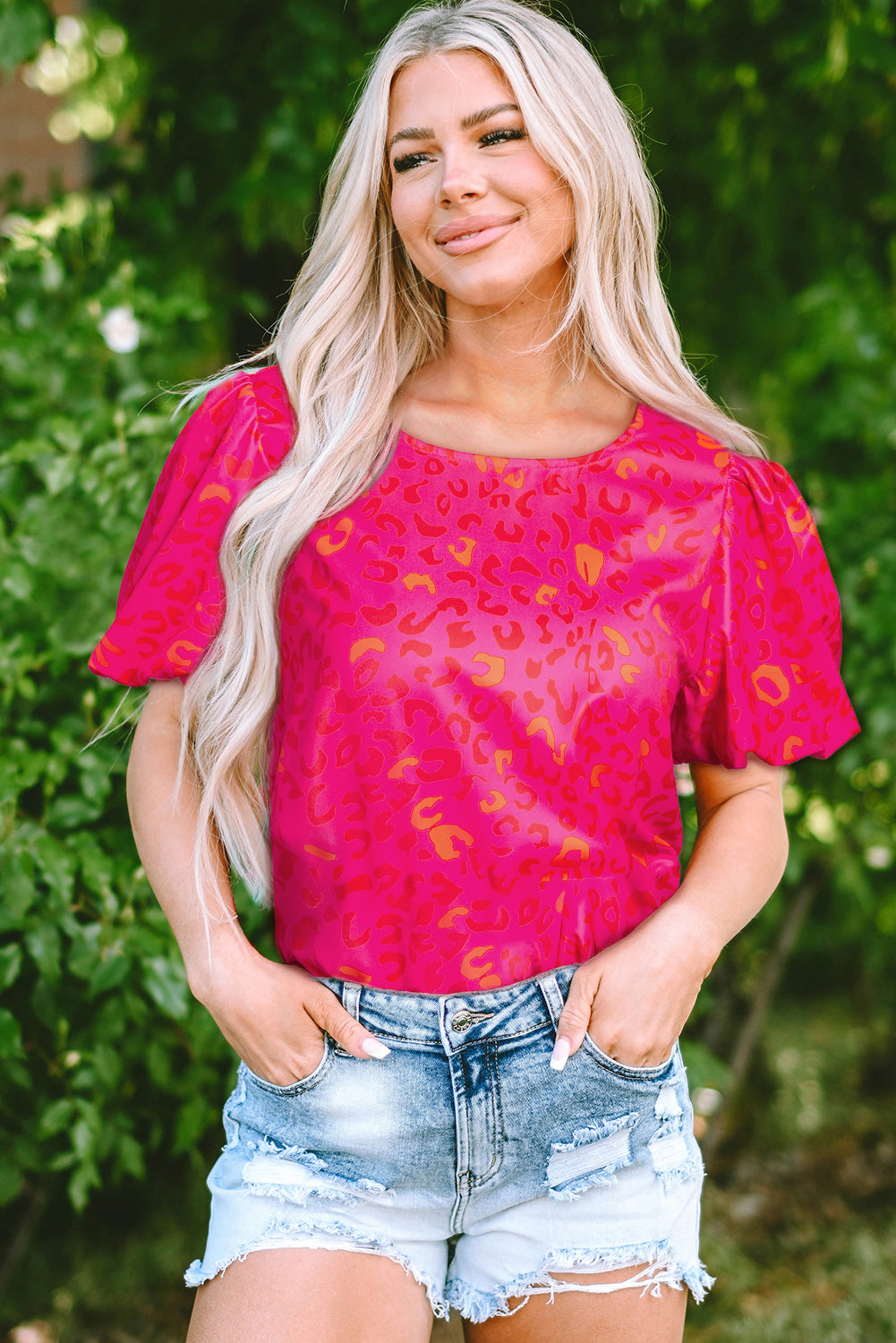 Rose Leopard Printed Puff Sleeve Top