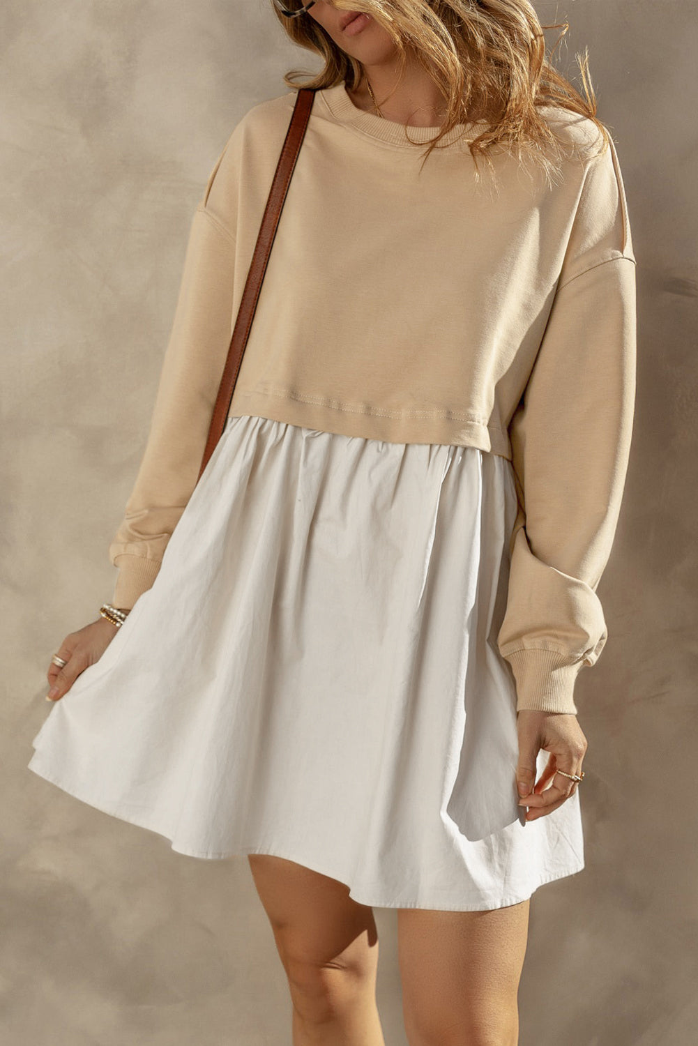 Pale Khaki Sweatshirt Poplin Mini Dress
