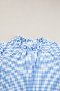 Light Blue Gingham Floral Embroidered Puff Sleeve Blouse