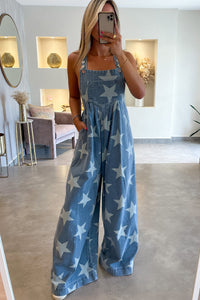 Star Print Buttoned Strap Pleat Wide Leg Denim Overall