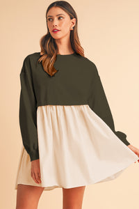 Khaki Sweatshirt Colorblock Flowy Pleated Mini Dress