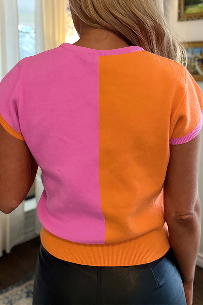 Flamingo 2-tone Color Block Knit Cap Sleeve Sweater Top