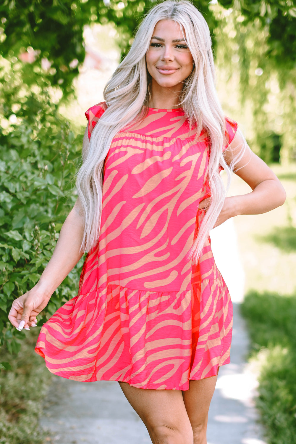 Pink Zebra Stripe Printed Ruffle Trim Pocketed Dress