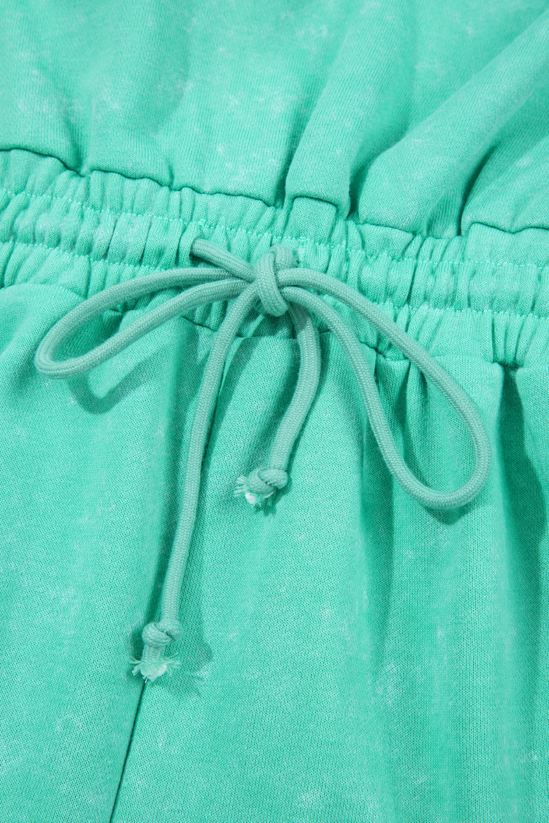 Sea Green Mineral Wash Drawstring Waist Hollow Out Back Short Sleeve Romper