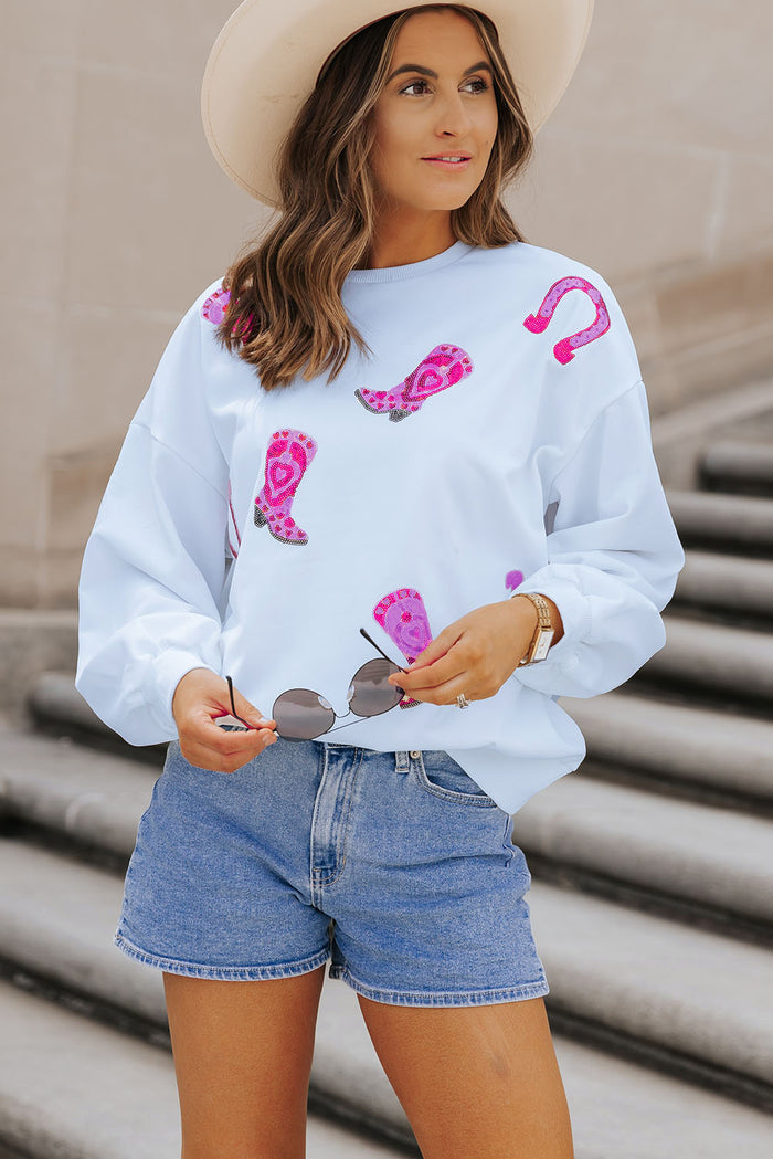White Sequin Western Cowgirl Boots Graphic Sweatshirt