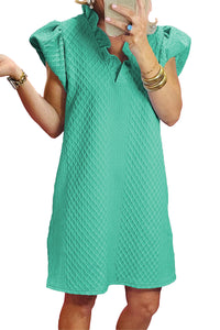 Sea Green Textured Puff Sleeve Ruffled V Neck Shift Mini Dress