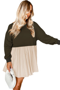 Khaki Sweatshirt Colorblock Flowy Pleated Mini Dress