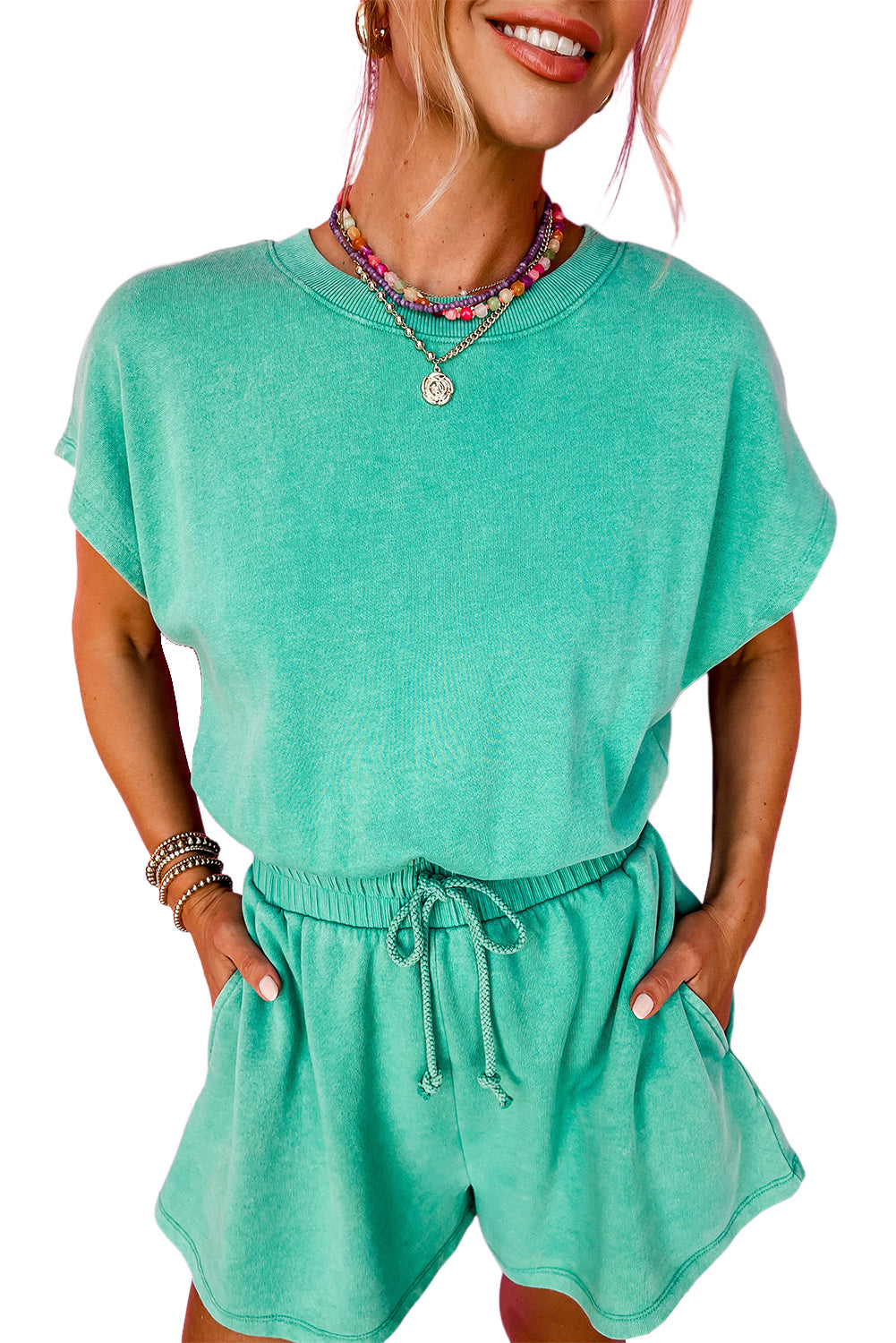 Sea Green Mineral Wash Drawstring Waist Hollow Out Back Short Sleeve Romper