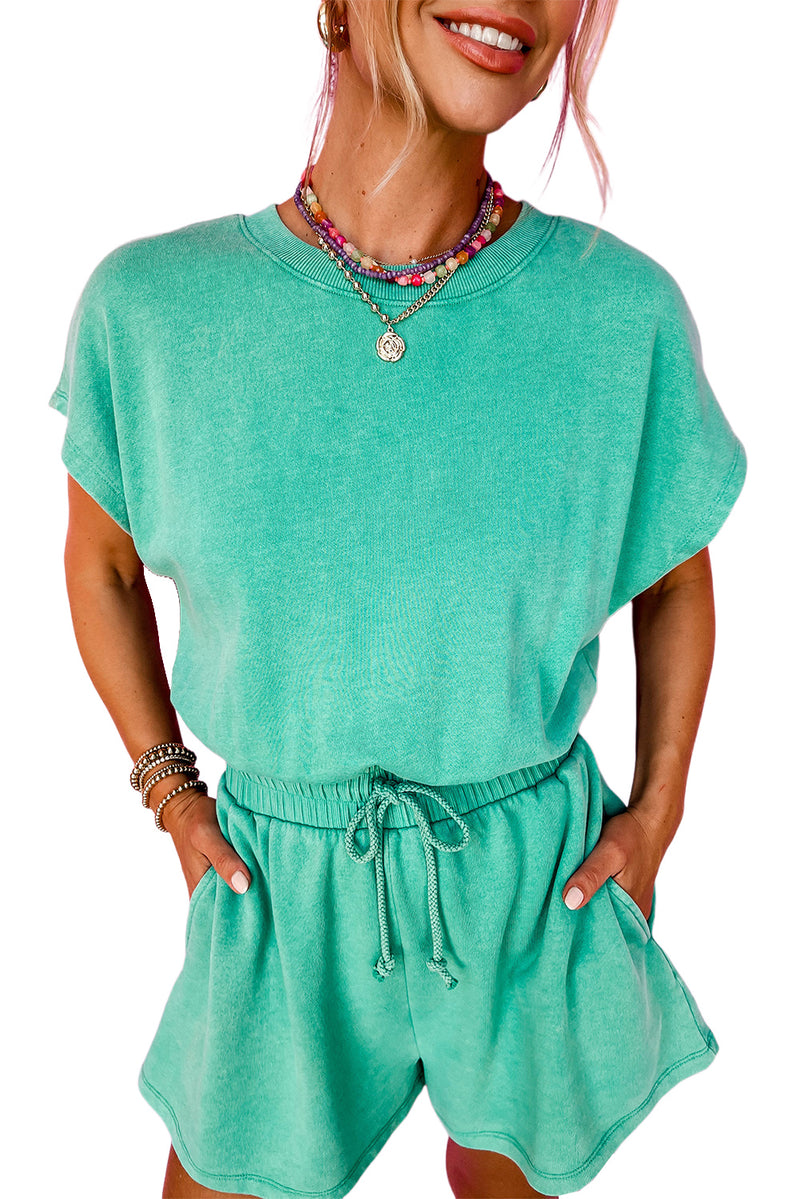 Sea Green Mineral Wash Drawstring Waist Hollow Out Back Short Sleeve Romper