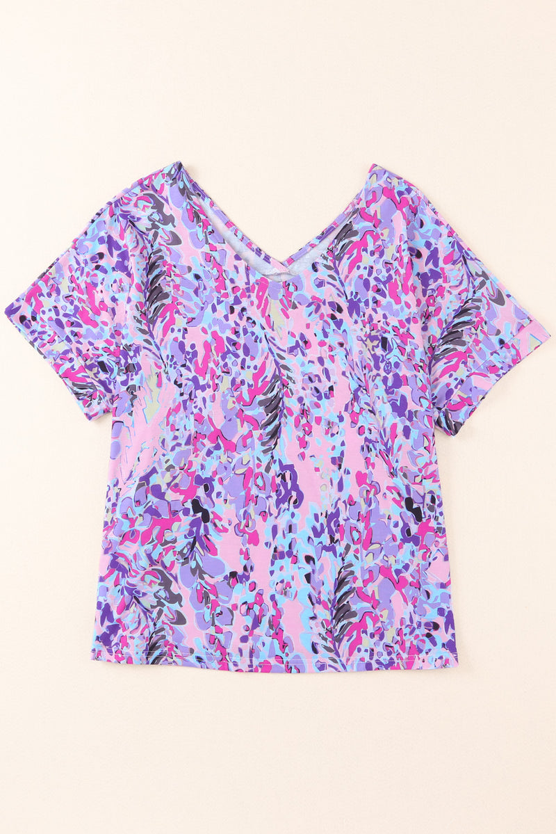 Pastel Blue Abstract Floral Print Short Sleeve V Neck T Shirt