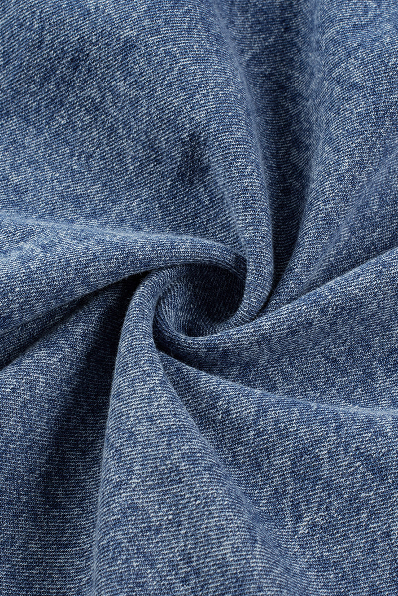 Blue Mineral Wash Cuffed Sleeve Frayed Hem Denim Dress
