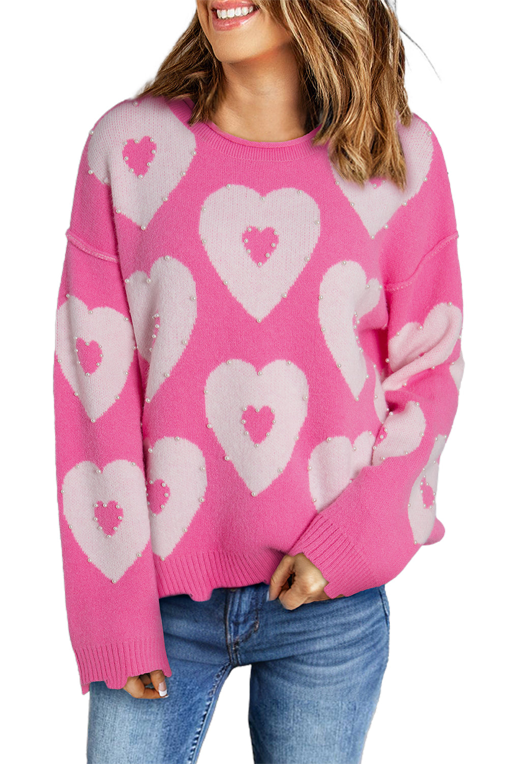 Bonbon Pearl Beaded Heart Drop Shoulder Sweater