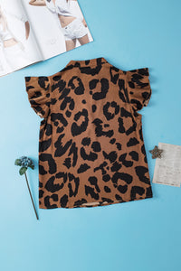 Brown Leopard Ruffled Flutter Sleeve Split Neck Blouse