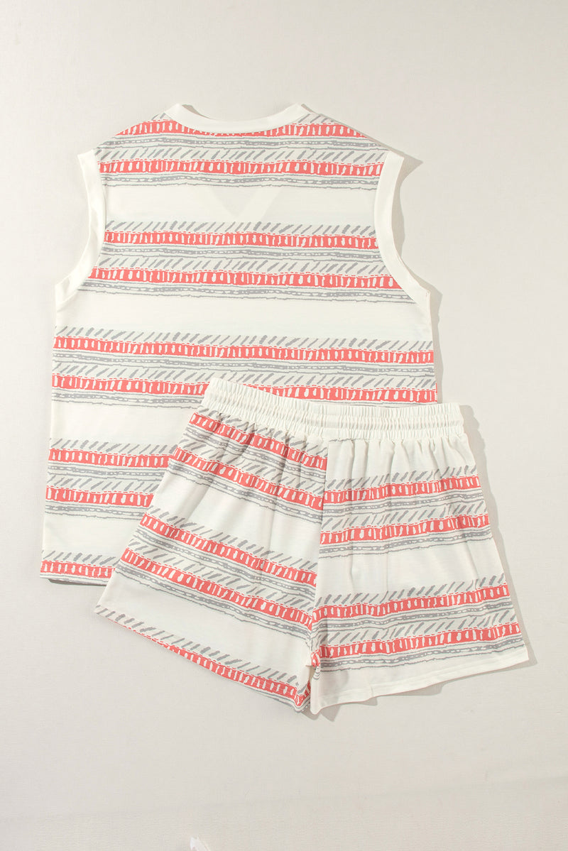 Beige Western Striped Print Casual Tank 2pcs Outfit