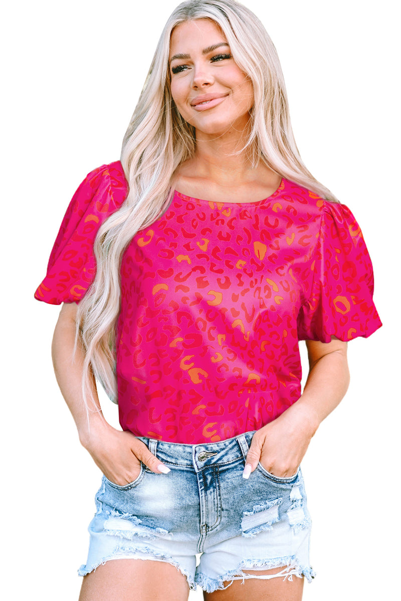 Rose Leopard Printed Puff Sleeve Top