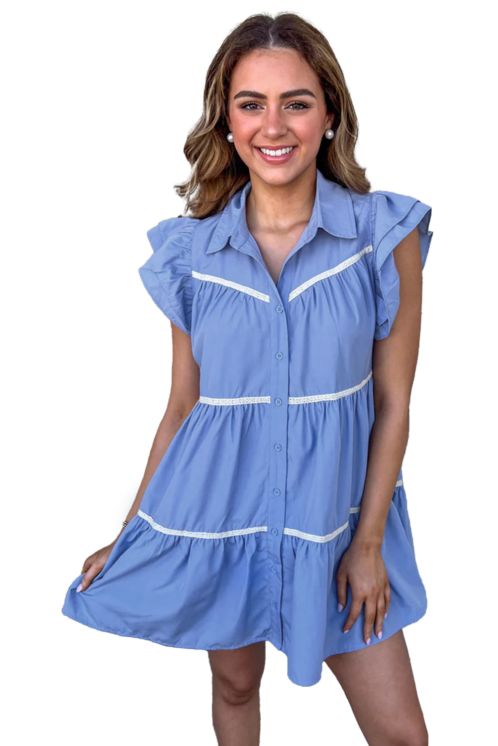 Sky Blue Lace Trim Accent Ruffled Tiered Dress