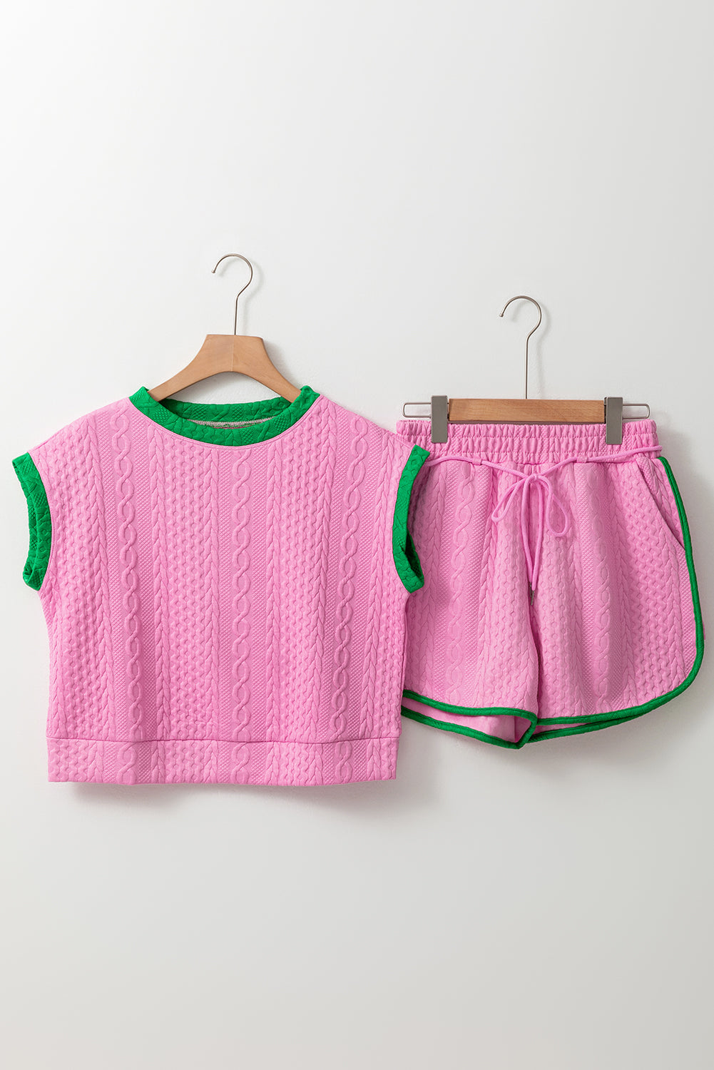 Pink Contrast Trim Cable Textured Shorts Set