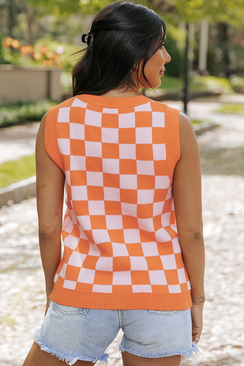 Russet Orange Checkered V Neck Knitted Sweater Vest