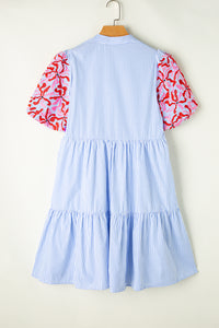 Sky Blue Stripe Contrast Floral Puff Sleeve Tiered Ruffle Dress