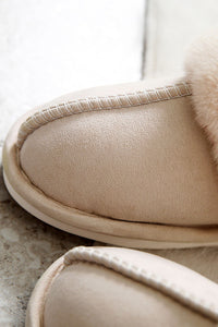 Pink Khaki Faux Suede Plush Lined Slip on Slippers