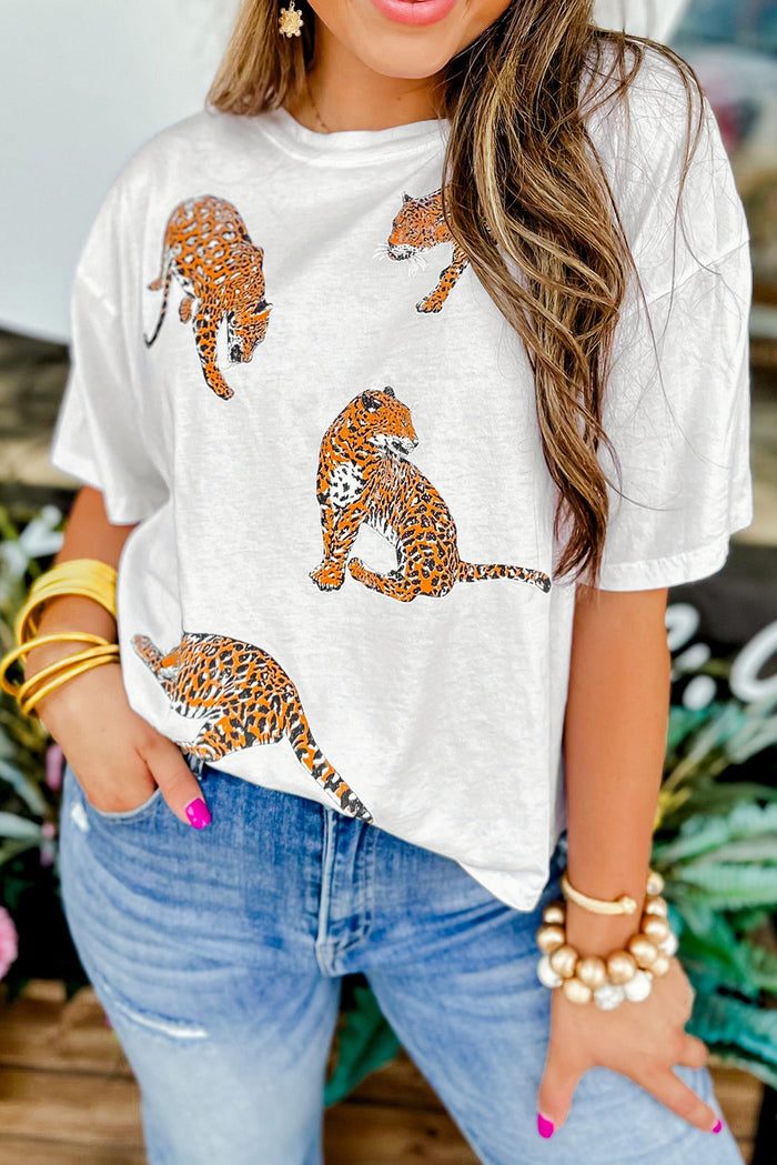 White Leopard Print Drop Shoulder Casual T Shirt