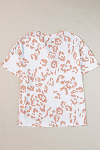 White Plus Size Leopard Print V Neck Short Sleeve Top