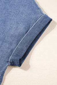 Light Blue Denim Cuffed Sleeve Tee Elastic Shorts Set