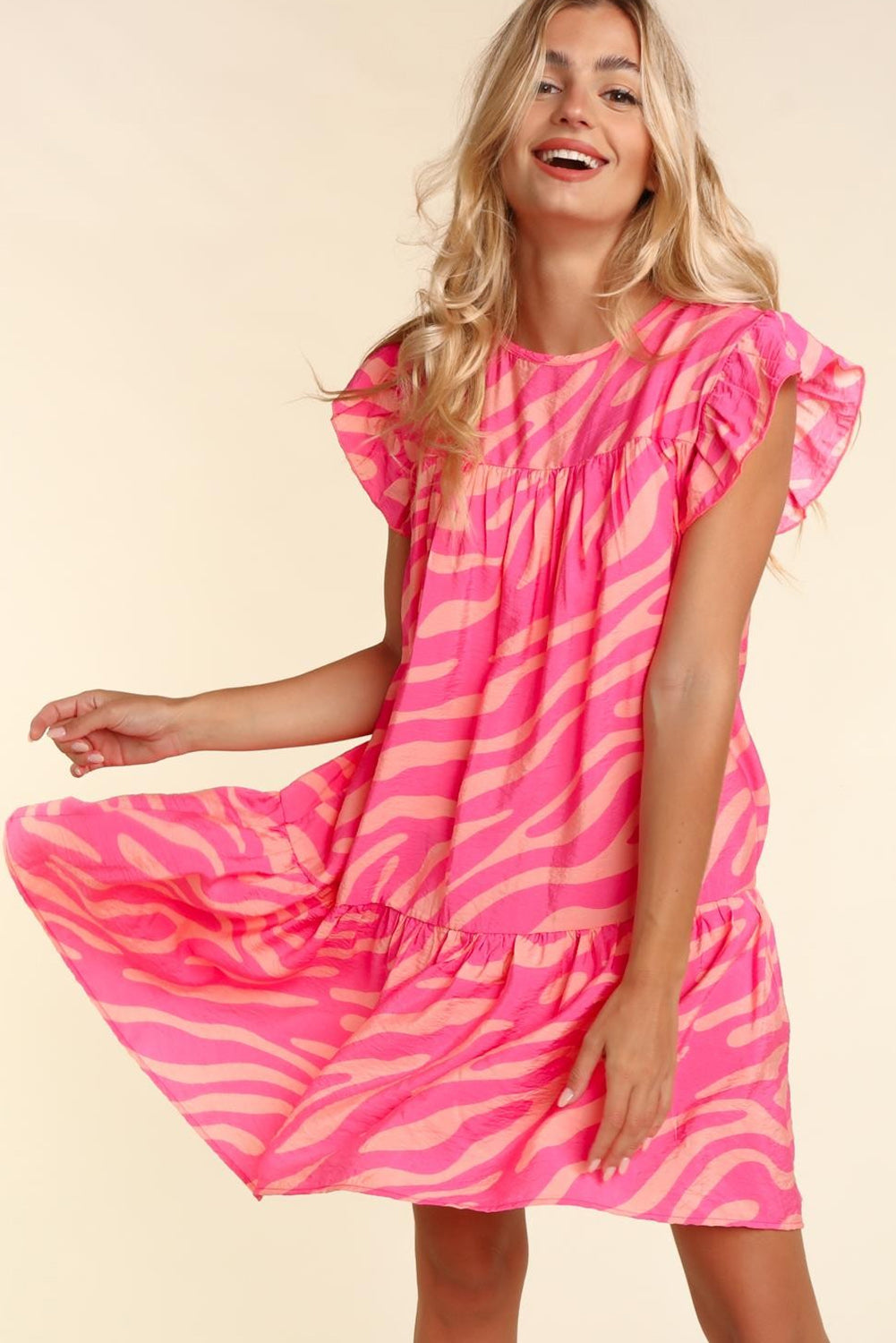 Pink Zebra Stripe Printed Ruffle Trim Pocketed Dress