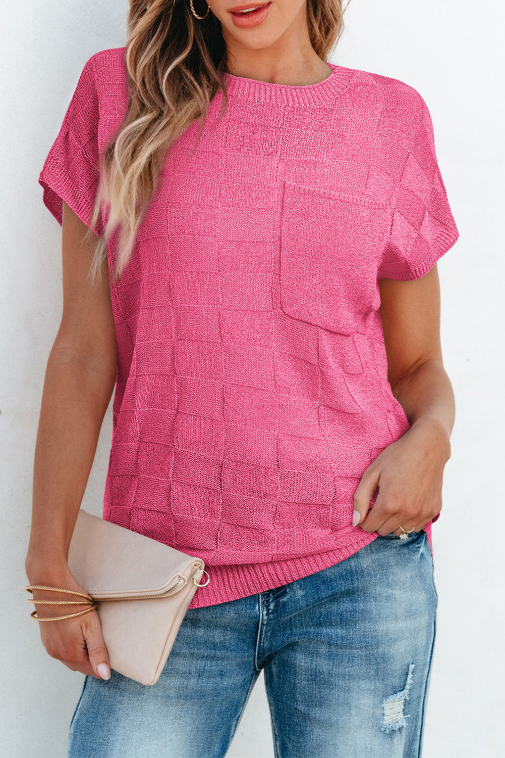 Bright Pink Lattice Textured Knit Short Sleeve Sweater