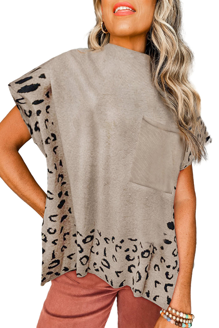 Smoke Gray Leopard Trim High Neck Short Sleeve Loose Sweater
