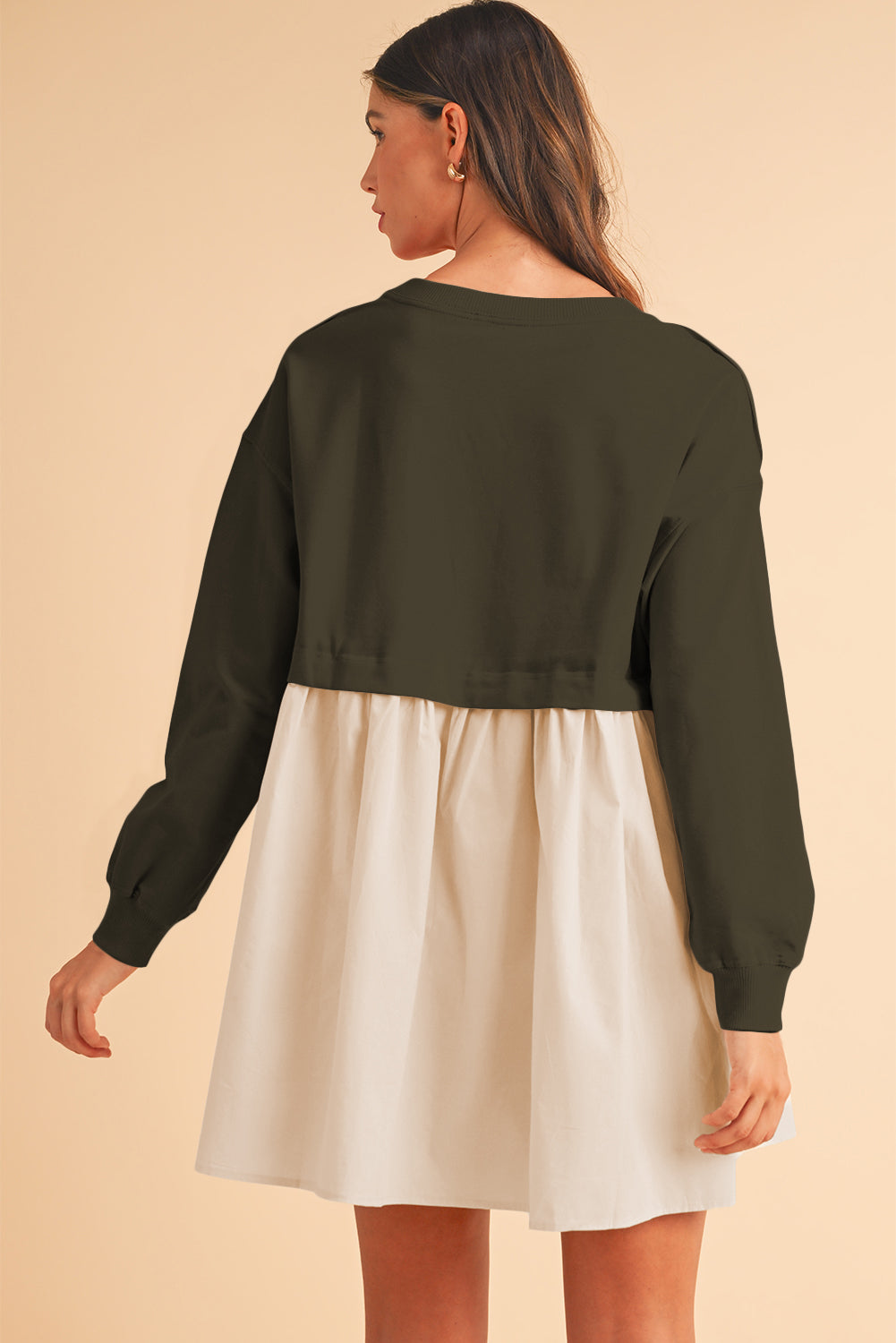 Khaki Sweatshirt Colorblock Flowy Pleated Mini Dress
