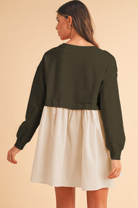 Khaki Sweatshirt Colorblock Flowy Pleated Mini Dress