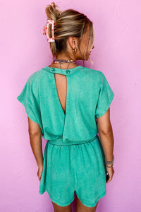 Sea Green Mineral Wash Drawstring Waist Hollow Out Back Short Sleeve Romper
