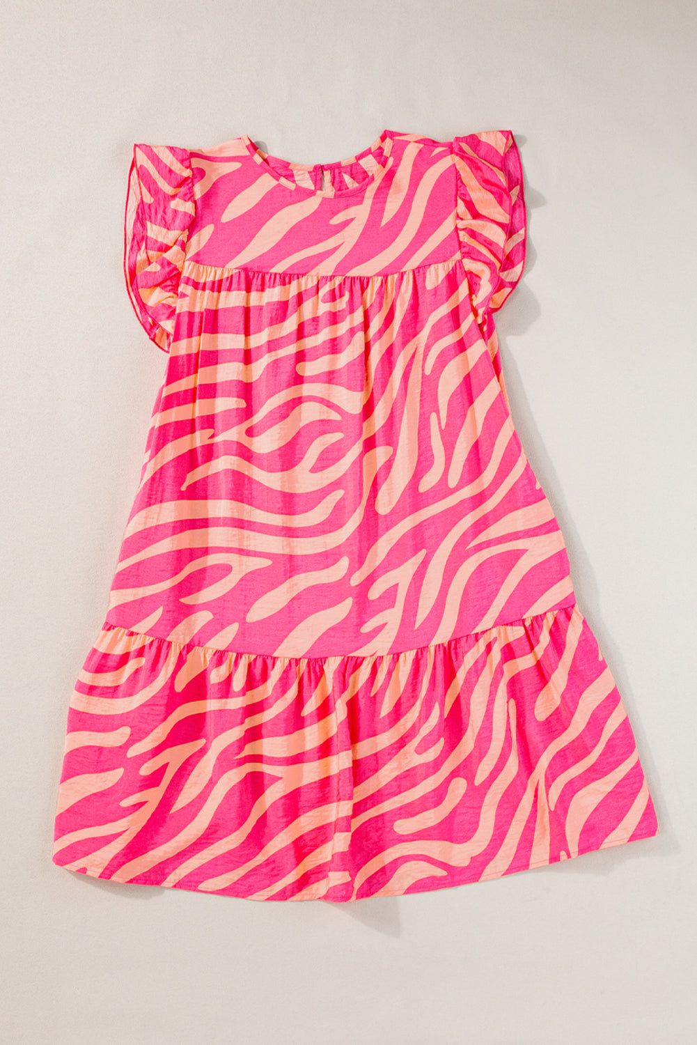 Pink Zebra Stripe Printed Ruffle Trim Pocketed Dress